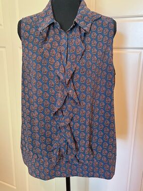 CAbi Sleeveless Blue Printed Ruffle Neck Collared Women's Top - Sz M